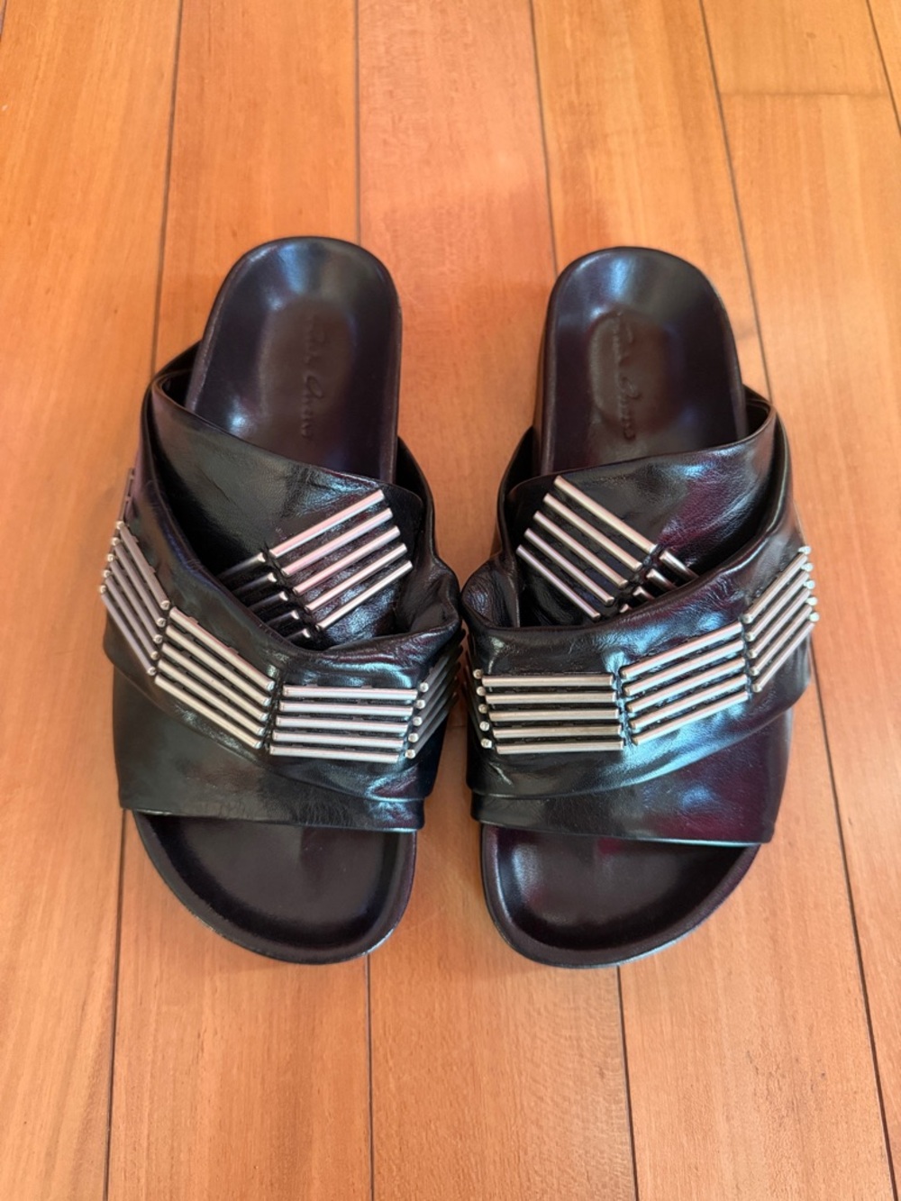 Rick Owens Black Leather Slide Sandals with Silver Stud Accents
